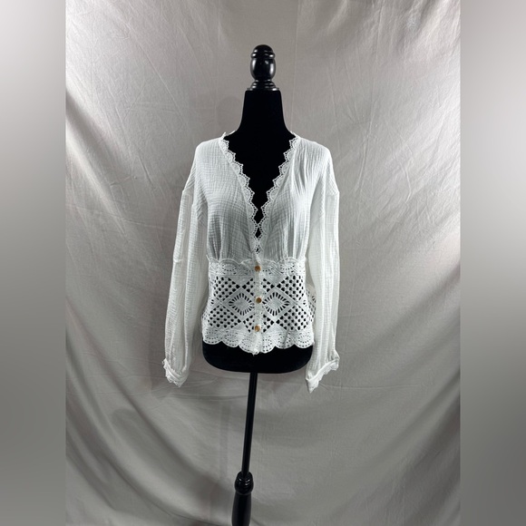 Boho V Neck Lace Blouse White - Picture 7 of 10